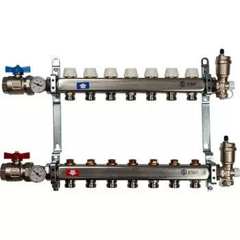 Коллекторная группа 7 выходов 1"-3/4" без расходом. (2загл. 2возд. 2сл.крана.2кронш.2 шар.кр) нерж.