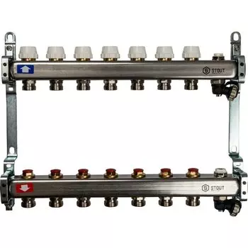 Коллекторная группа 7 выходов 1"-3/4" без расходомера (2возд. 2сл.крана.2кронш.) нерж.сталь