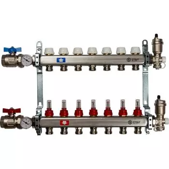 Коллекторная группа 7 выходов 1"-3/4" с расходомер. (2загл, 2возд, 2сл.крана,2кронш.2 шар.кр) нерж
