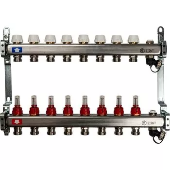 Коллекторная группа 8 выходов 1"-3/4" с расходомером (2возд. 2сл.крана.2кронш.) нерж.сталь