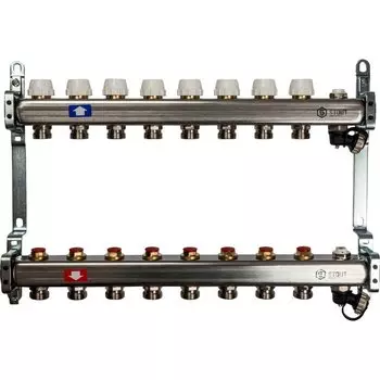 Коллекторная группа 8 выходов 1"-3/4" без расходомера (2возд. 2сл.крана.2кронш.) нерж.сталь