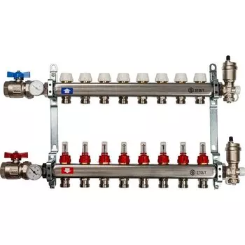 Коллекторная группа 8 выходов 1"-3/4" с расходомер. (2загл. 2возд. 2сл.крана.2кронш.2 шар.кр) нерж