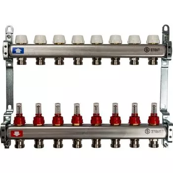 Коллекторная группа 8 выходов 1"-3/4" с расходомером (2кронш.) нерж.сталь
