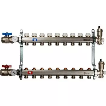Коллекторная группа 9 выходов 1"-3/4" без расходом. (2загл. 2возд. 2сл.крана.2кронш.2 шар.кр) нерж.