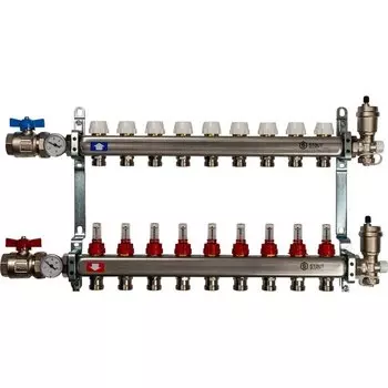Коллекторная группа 9 выходов 1"-3/4" с расходомер. (2загл. 2возд. 2сл.крана.2кронш.2 шар.кр) нерж