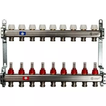Коллекторная группа 9 выходов 1"-3/4" с расходомером (2кронш.) нерж.сталь