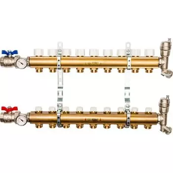 Коллекторная группа 9 выходов 1"-3/4" без расходом. (2загл. 2возд. 2сл.крана.2кронш.2 шар.кр) латунь