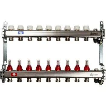 Коллекторная группа 9 выходов 1"-3/4" с расходомером (2возд. 2сл.крана.2кронш.) нерж.сталь