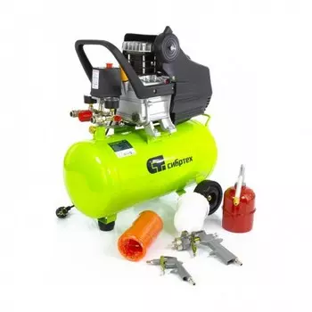 Компрессор Сибртех КК-1500/24 ПЛЮС, 58038 с набором 1,5 кВт, 198 л/мин, 24 л, прямой привод, масляный