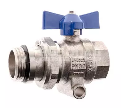 Кран шаровый G-Lock со сгоном и термометром, синяя бабочка, 30бар, t-110*C, латунь