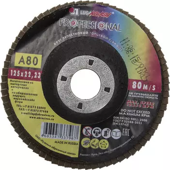 Круг лепестковый торцевой абразивный для шлифования Луга 3656-125-80 125 х 22.2 мм, HSS-R, быстрорежущая сталь М2(S6-5-2) Р6М5, класс А P80 для УШМ, тип КЛТ 1
