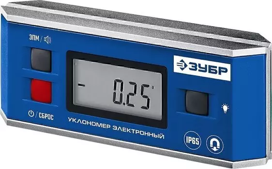 Мини уровень-уклономер Зубр Профессионал 34745_z01 электронный, IP65, магнитный, диапазон 0-90°, 3 кнопки, HOLD, подсветка, автоповорот