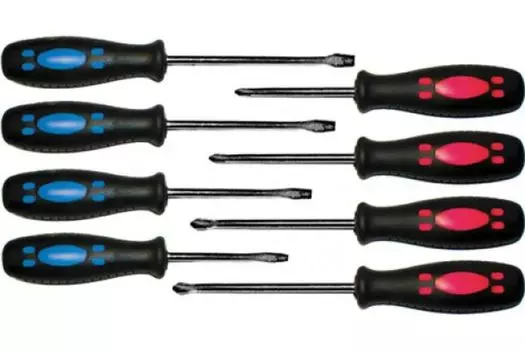 Отвертки Курс Стандарт 56020, CrV сталь, магнитный наконечник, двухцветная прорезиненная ручка, набор 8 шт.
