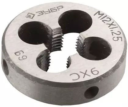 Плашка Зубр 4-28022-12-1.25 сталь 9ХС круглая ручная, М12x1.25мм