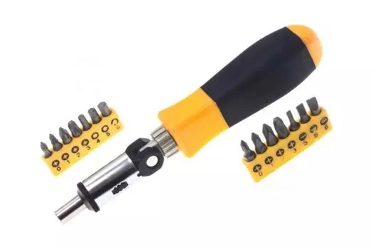 Реверсивная отвертка Энкор 19861 с шарниром со вставками 1/4" 15 предметов