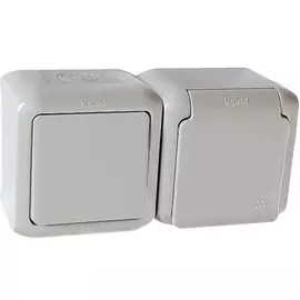 Выключатель + 2К+З розетка с защитными шторками - 16 A - 250 В~ - Quteo IP 44 - Серый