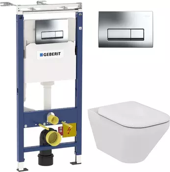 Комплект Инсталляция Geberit Duofix Платтенбау 4 в 1 с кнопкой смыва + Унитаз Ideal Standard Tonic II безободковый