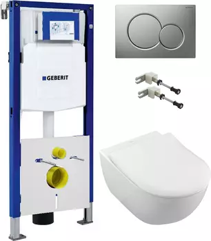Комплект Инсталляция Geberit Duofix UP320 с кнопкой матовый хром + Унитаз Villeroy &amp; Boch Subway безободковый