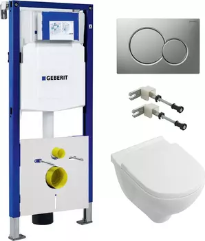 Комплект Инсталляция Geberit Duofix UP320 с кнопкой матовый хром + Унитаз Villeroy &amp; Boch O Novo безободковый