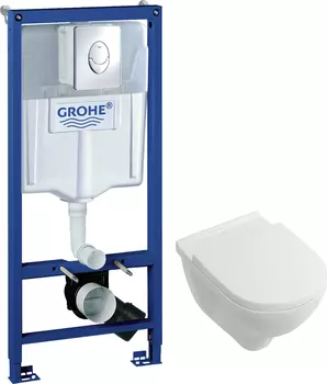 Комплект Инсталляция Grohe Rapid SL 3 в 1 с кнопкой хром + Унитаз Villeroy &amp; Boch O Novo alpin безободковый