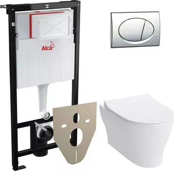 Комплект Система инсталляции для унитазов AlcaPlast Sadromodul AM101/1120 + M71 + M91 4 в 1 кнопка смыва хром + Чаша для унитаза подвесного VitrA Bella 4449B003-0101 + Крышка-сиденье VitrA Sento 120-003-009