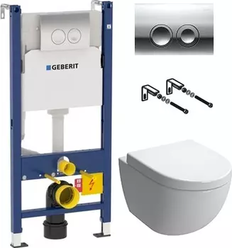 Комплект Система инсталляции для унитазов Geberit Duofix Delta 458.124.21.1 3 в 1 с кнопкой смыва + Чаша для унитаза подвесного Am.Pm Awe C111738WH + Крышка-сиденье Am.Pm Awe C117852WH с микролифтом, петли хром