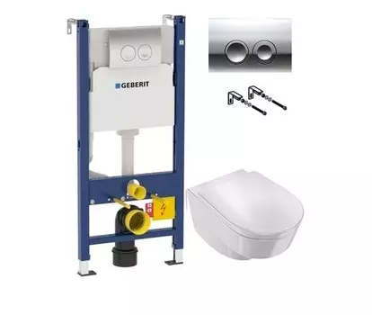 Комплект Система инсталляции для унитазов Geberit Duofix Delta 458.124.21.1 3 в 1 с кнопкой смыва + Чаша для унитаза подвесного Jacob Delafon Odeon Rive Gauche EDR102-00 + Крышка-сиденье Jacob Delafon Odeon Rive Gauche E24888-00