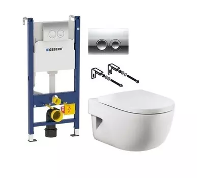 Комплект Система инсталляции для унитазов Geberit Duofix Delta 458.124.21.1 3 в 1 с кнопкой смыва + Крышка-сиденье Roca Meridian 8012AC004 с микролифтом, петли хром + Чаша для унитаза подвесного Roca Meridian 346248000 укороченная