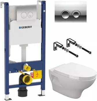 Комплект Система инсталляции для унитазов Geberit Duofix Delta 458.124.21.1 3 в 1 с кнопкой смыва + Чаша для унитаза подвесного Sanitana Pop + Крышка-сиденье Sanitana Pop с микролифтом