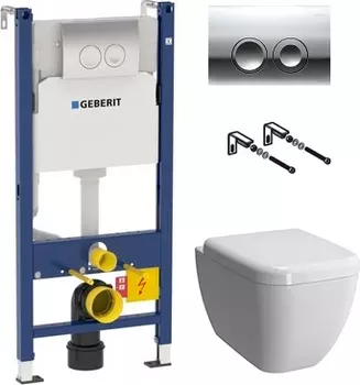 Комплект Система инсталляции для унитазов Geberit Duofix Delta 458.124.21.1 3 в 1 с кнопкой смыва + Чаша для унитаза подвесного VitrA Shift 7742B003-0075 + Крышка-сиденье VitrA Shift 91-003-009 с микролифтом, петли хром