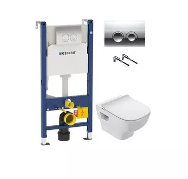 Комплект Система инсталляции для унитазов Geberit Duofix Delta 458.124.21.1 3 в 1 с кнопкой смыва + Чаша для унитаза подвесного Jacob Delafon Struktura EDF102-00 + Крышка-сиденье Jacob Delafon Struktura E70025-00 с микролифтом