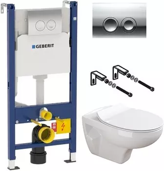 Комплект Система инсталляции для унитазов Geberit Duofix Delta 458.124.21.1 3 в 1 с кнопкой смыва + Чаша для унитаза подвесного Sanitana Munique + Крышка-сиденье Sanitana Munique с микролифтом