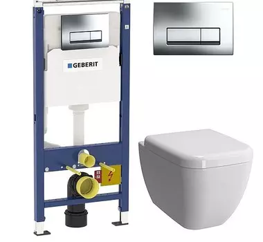 Комплект Система инсталляции для унитазов Geberit Duofix Платтенбау 458.125.21.1 4 в 1 с кнопкой смыва + Чаша для унитаза подвесного VitrA Shift 7742B003-0075 + Крышка-сиденье VitrA Shift 91-003-009 с микролифтом, петли хром