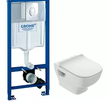 Комплект Система инсталляции для унитазов Grohe Rapid SL 38721001 3 в 1 с кнопкой смыва + Чаша для унитаза подвесного Jacob Delafon Struktura EDF102-00 + Крышка-сиденье Jacob Delafon Struktura E70025-00 с микролифтом