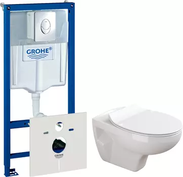 Комплект Система инсталляции для унитазов Grohe Rapid SL 38750001 4 в 1 с кнопкой смыва + Чаша для унитаза подвесного Sanitana Munique + Крышка-сиденье Sanitana Munique с микролифтом