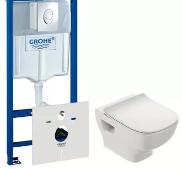 Комплект Система инсталляции для унитазов Grohe Rapid SL 38750001 4 в 1 с кнопкой смыва + Чаша для унитаза подвесного Jacob Delafon Struktura EDF102-00 + Крышка-сиденье Jacob Delafon Struktura E70025-00 с микролифтом