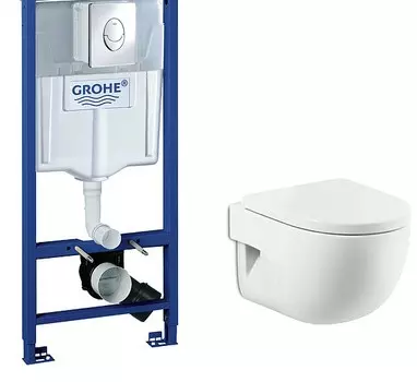 Комплект Система инсталляции для унитазов Grohe Rapid SL 38721001 3 в 1 с кнопкой смыва + Чаша для унитаза подвесного Roca Meridian 346248000 укороченная + Крышка-сиденье Roca Meridian 8012AC004 с микролифтом, петли хром