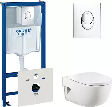 Комплект Система инсталляции для унитазов Grohe Rapid SL 38750001 4 в 1 с кнопкой смыва + Крышка-сиденье Roca Meridian 8012A2004 с микролифтом, петли хром + Чаша для унитаза подвесного Roca Meridian 346247000