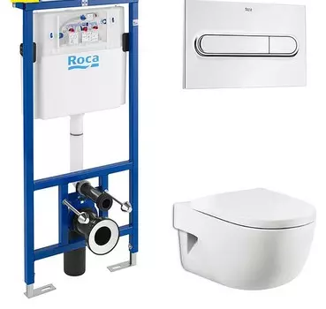 Комплект Система инсталляции для унитазов Roca DUPLO WC 890090020 + Кнопка смыва Roca PL1 Dual хром + Крышка-сиденье Roca Meridian 8012A2004 с микролифтом, петли хром + Чаша для унитаза подвесного Roca Meridian 346247000
