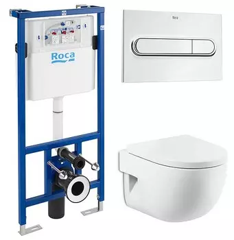 Комплект Система инсталляции для унитазов Roca DUPLO WC 890090020 + Кнопка смыва Roca PL1 Dual хром + Крышка-сиденье Roca Meridian 8012AC004 с микролифтом, петли хром + Чаша для унитаза подвесного Roca Meridian 346248000 укороченная