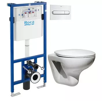 Комплект Система инсталляции для унитазов Roca DUPLO WC 890090020 + Кнопка смыва Roca PL1 Dual хром + Крышка-сиденье Roca Mateo ZRU9302822 с микролифтом, петли хром + Чаша для унитаза подвесного Roca Mateo 7346200000