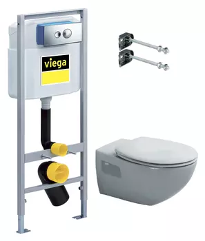 Комплект Система инсталляции для унитазов Viega Eco plus 713386 крепления + кнопка смыва + Крышка-сиденье Duravit 0064190096 с микролифтом, петли хром + Чаша для унитаза подвесного Duravit DuraPlus 254709