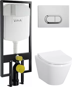 Комплект Система инсталляции для унитазов VitrA 748-5800-01 3/6 л + Чаша для унитаза подвесного VitrA Integra 7040B003-0075 + Кнопка смыва VitrA 740-0580 хром + Крышка-сиденье VitrA 110-003-019
