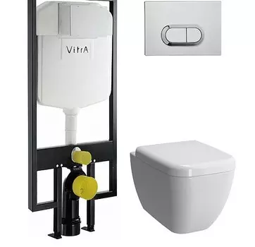 Комплект Система инсталляции для унитазов VitrA 748-5800-01 3/6 л + Чаша для унитаза подвесного VitrA Shift 7742B003-0075 + Кнопка смыва VitrA 740-0580 хром + Крышка-сиденье VitrA Shift 91-003-009 с микролифтом, петли хром