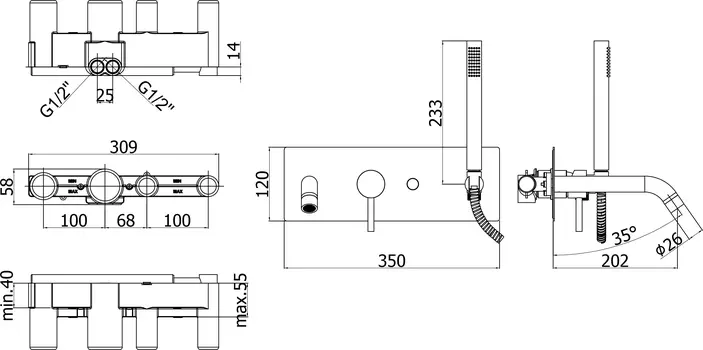 Смеситель Paffoni Light LIG001NO С ВНУТРЕННЕЙ ЧАСТЬЮ, для ванны с душем