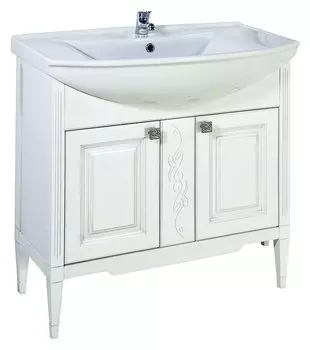 Тумба с раковиной ASB-Woodline Модена 85 белая с серебряной патиной массив ясеня