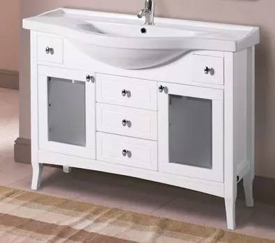 Тумба с раковиной в отделке Белый матовый Bagno Piu Laura 105 с дверцами под стекло и 5-ю ящиками