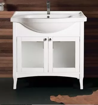 Тумба с раковиной в отделке Белый матовый Bagno Piu Laura 85 с дверцами под стекло