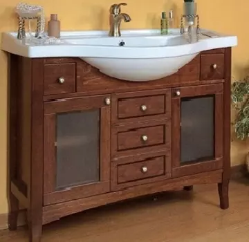 Тумба с раковиной в отделке Орех Bagno Piu Laura 105 с дверцами под стекло 5-ю ящиками