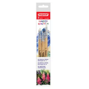 Кисти Пифагор набор из 5 шт (пони, круглые №1, 4, коза, круглые №3, 6, щетина, плоская №4)